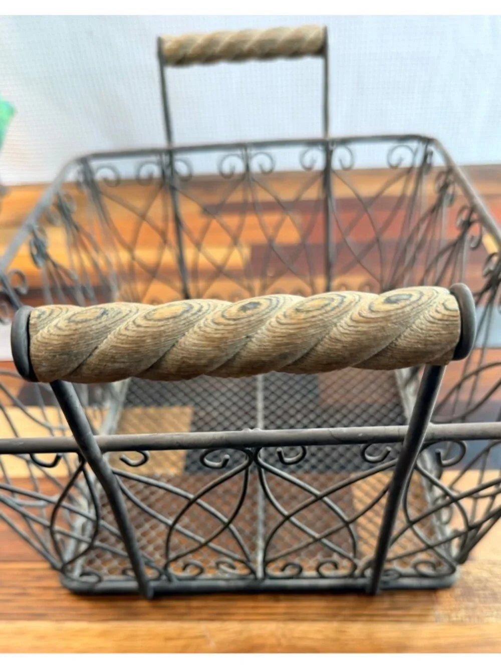 Vintage Rustic Wire Scroll Storage Basket Primitives wood handles